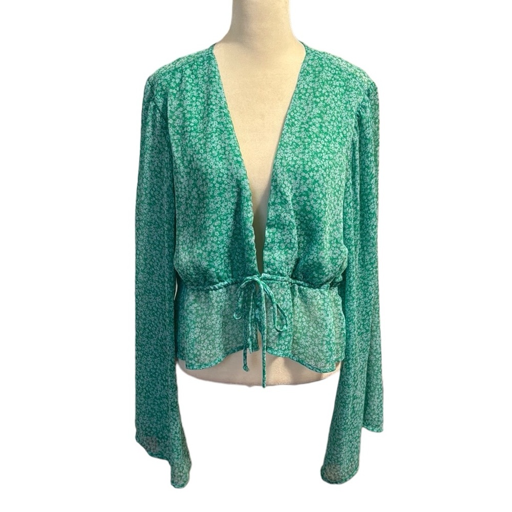 WILD FABLE peasant sheer open front tie blouse